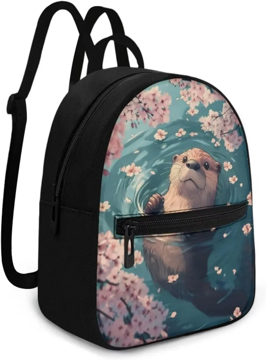Cute Sea Otter Cherry Blossom Women Mini Backpack, Lightweight Durable Baby Bag, Small Anti-Theft Design with Adjustable Straps