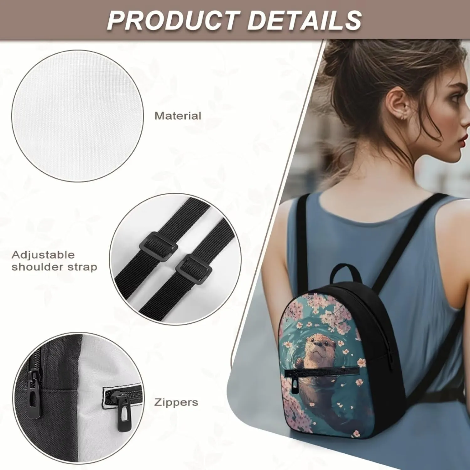 Cute Sea Otter Cherry Blossom Women Mini Backpack, Lightweight Durable Baby Bag, Small Anti-Theft Design with Adjustable Straps