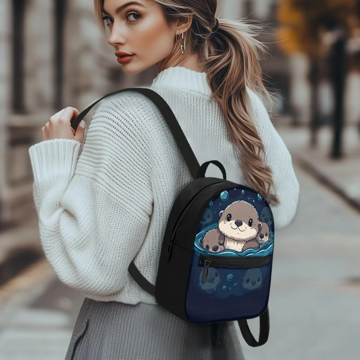 Cute Sea Otter Travel Shoulder Bags for Women Lightweight, Backpack Purse Small Size, Casual College Rucksack for Sports Hiking