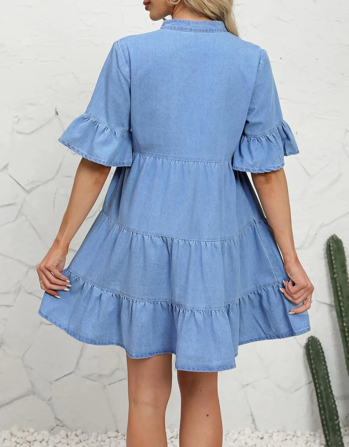 CYLADY Women Denim Dresses Casual V Neck Ruffle Short Sleeve Summer Denim Jean Dress