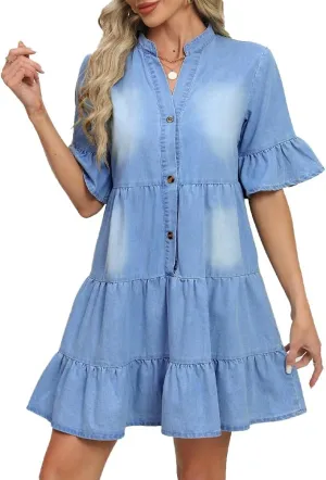 CYLADY Women Denim Dresses Casual V Neck Ruffle Short Sleeve Summer Denim Jean Dress