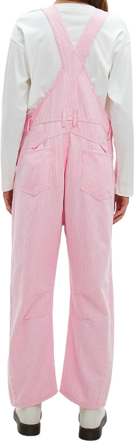 D-Sun Women's Striped Bib Overall Barrel Casual Tapered Overall Pants Wide Leg Adjustable Straps Stretch Jumpsuits