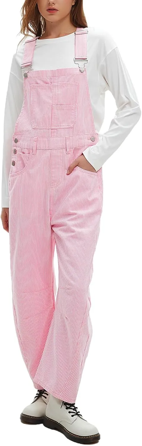 D-Sun Women's Striped Bib Overall Barrel Casual Tapered Overall Pants Wide Leg Adjustable Straps Stretch Jumpsuits
