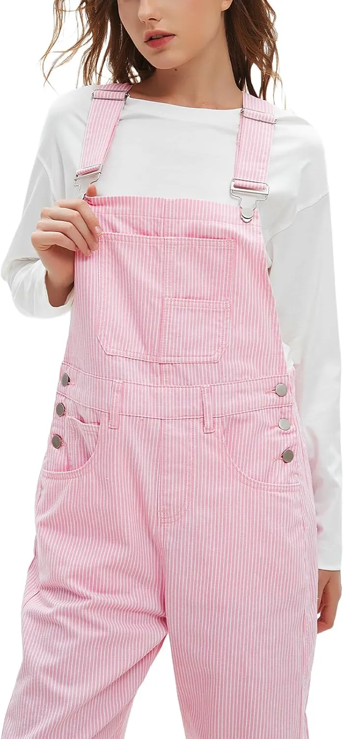 D-Sun Women's Striped Bib Overall Barrel Casual Tapered Overall Pants Wide Leg Adjustable Straps Stretch Jumpsuits