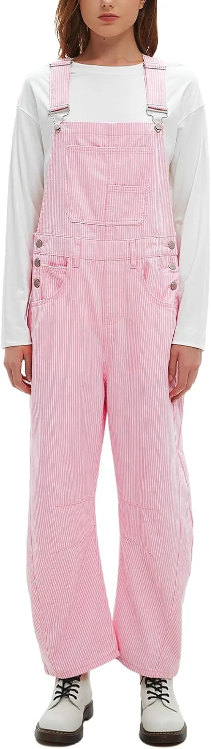 D-Sun Women's Striped Bib Overall Barrel Casual Tapered Overall Pants Wide Leg Adjustable Straps Stretch Jumpsuits