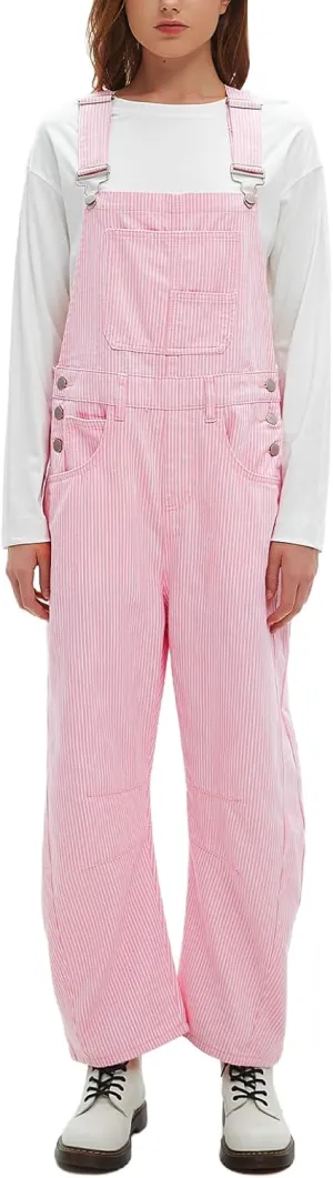 D-Sun Women's Striped Bib Overall Barrel Casual Tapered Overall Pants Wide Leg Adjustable Straps Stretch Jumpsuits