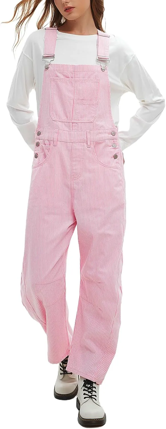 D-Sun Women's Striped Bib Overall Barrel Casual Tapered Overall Pants Wide Leg Adjustable Straps Stretch Jumpsuits