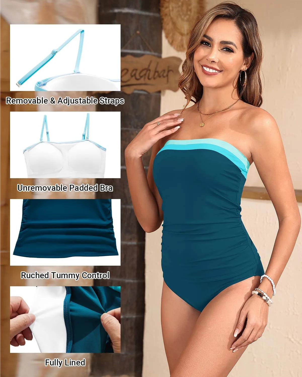 Daci Bandeau Tankini Swimsuits for Women - Two Piece Ruched Tummy Control Bathing Suit Strapless Swimwear with Bottom