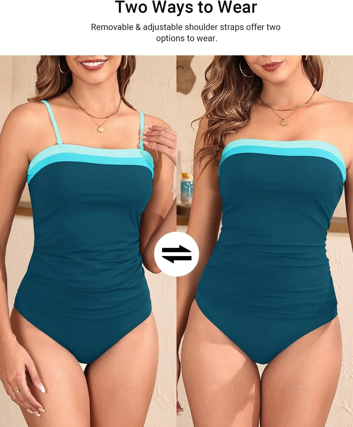 Daci Bandeau Tankini Swimsuits for Women - Two Piece Ruched Tummy Control Bathing Suit Strapless Swimwear with Bottom
