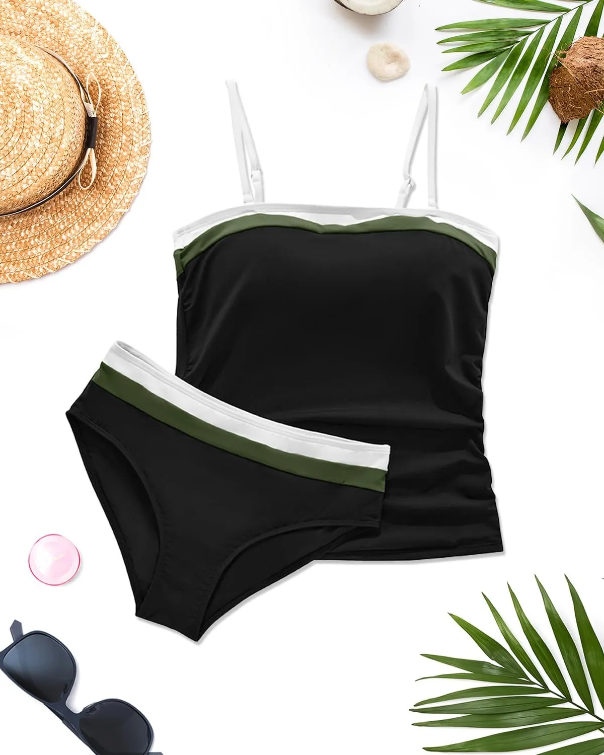 Daci Bandeau Tankini Swimsuits for Women - Two Piece Ruched Tummy Control Bathing Suit Strapless Swimwear with Bottom