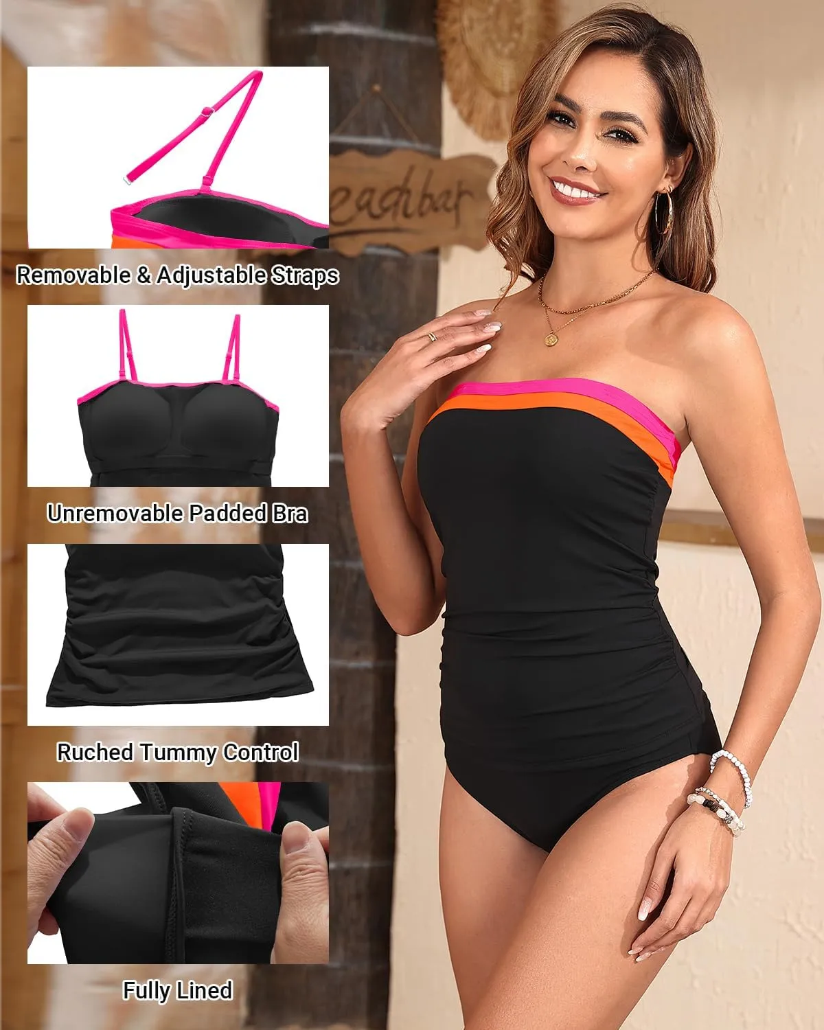 Daci Bandeau Tankini Swimsuits for Women - Two Piece Ruched Tummy Control Bathing Suit Strapless Swimwear with Bottom