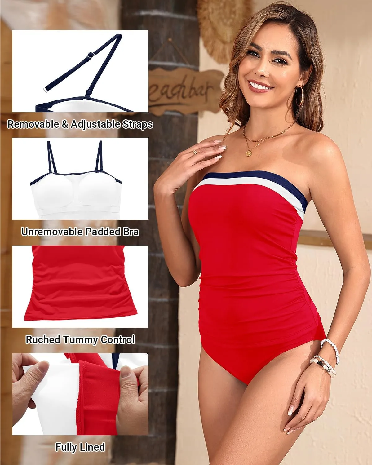 Daci Bandeau Tankini Swimsuits for Women - Two Piece Ruched Tummy Control Bathing Suit Strapless Swimwear with Bottom