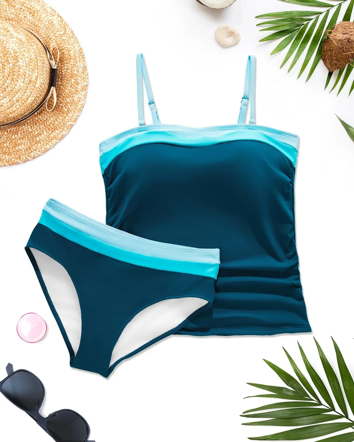 Daci Bandeau Tankini Swimsuits for Women - Two Piece Ruched Tummy Control Bathing Suit Strapless Swimwear with Bottom