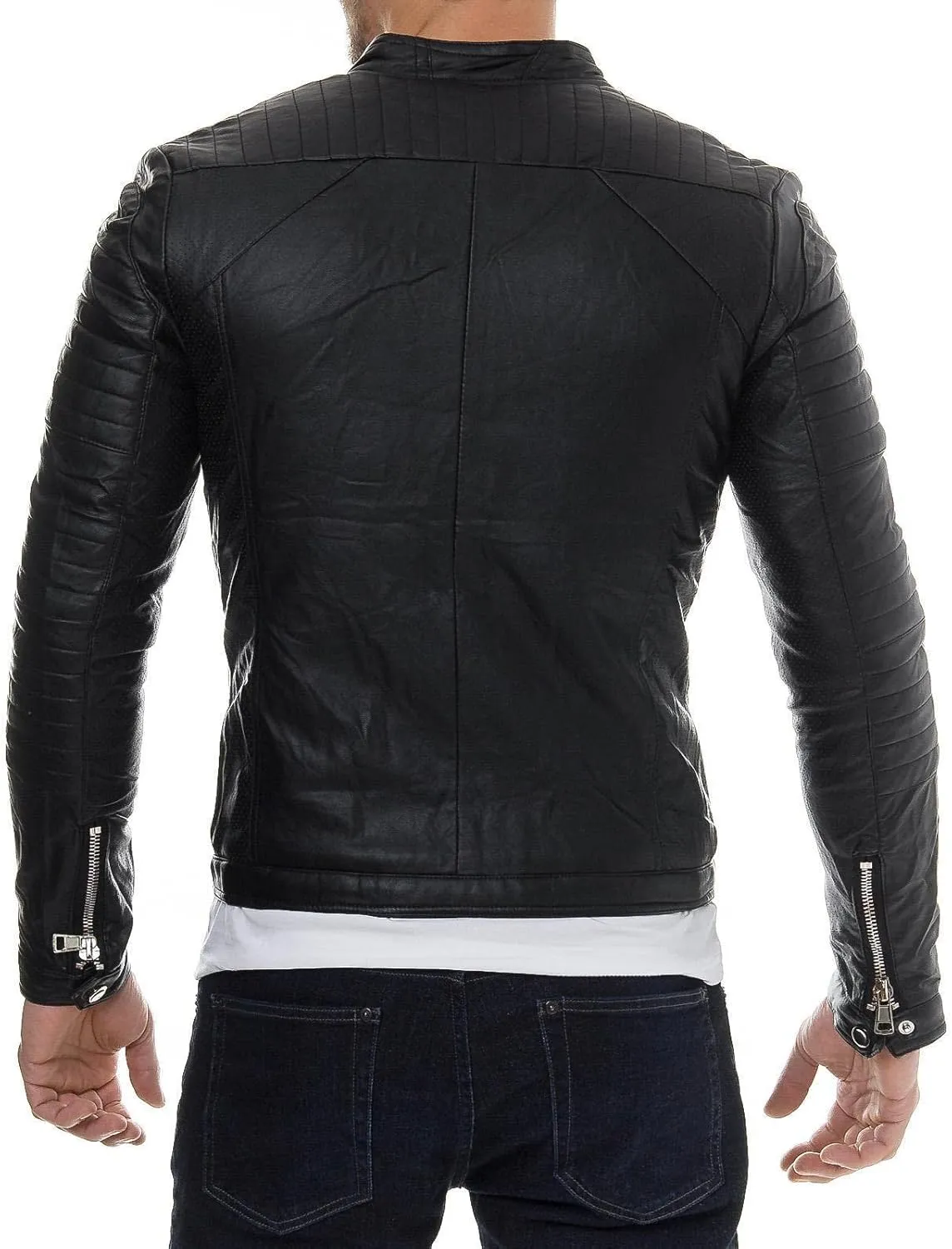 DECIMAL Men's Black REAL Lambskin Leather Biker Jacket VINTAGE GENUINE MOTORCYCLE JACKETS FOR MEN