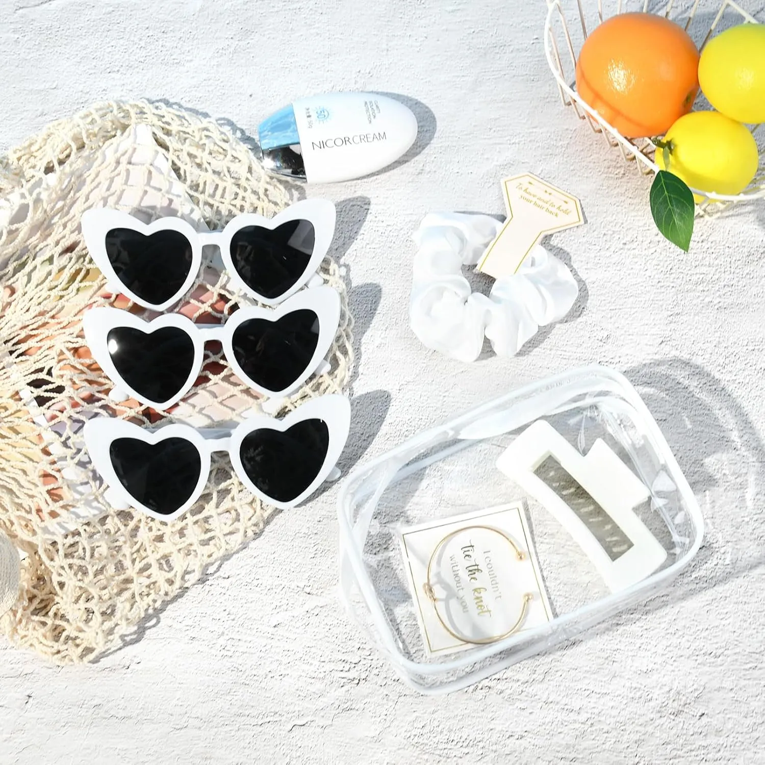 DEEKA 30 Pcs Bridesmaid Proposal Bag Set Gift Clear Makeup Toiletry Bag Bachelorette Party Favors Sunglasses Hair Claw Clips Scrunchies Knot Bracelets Bridal Wedding Party Gifts (White)