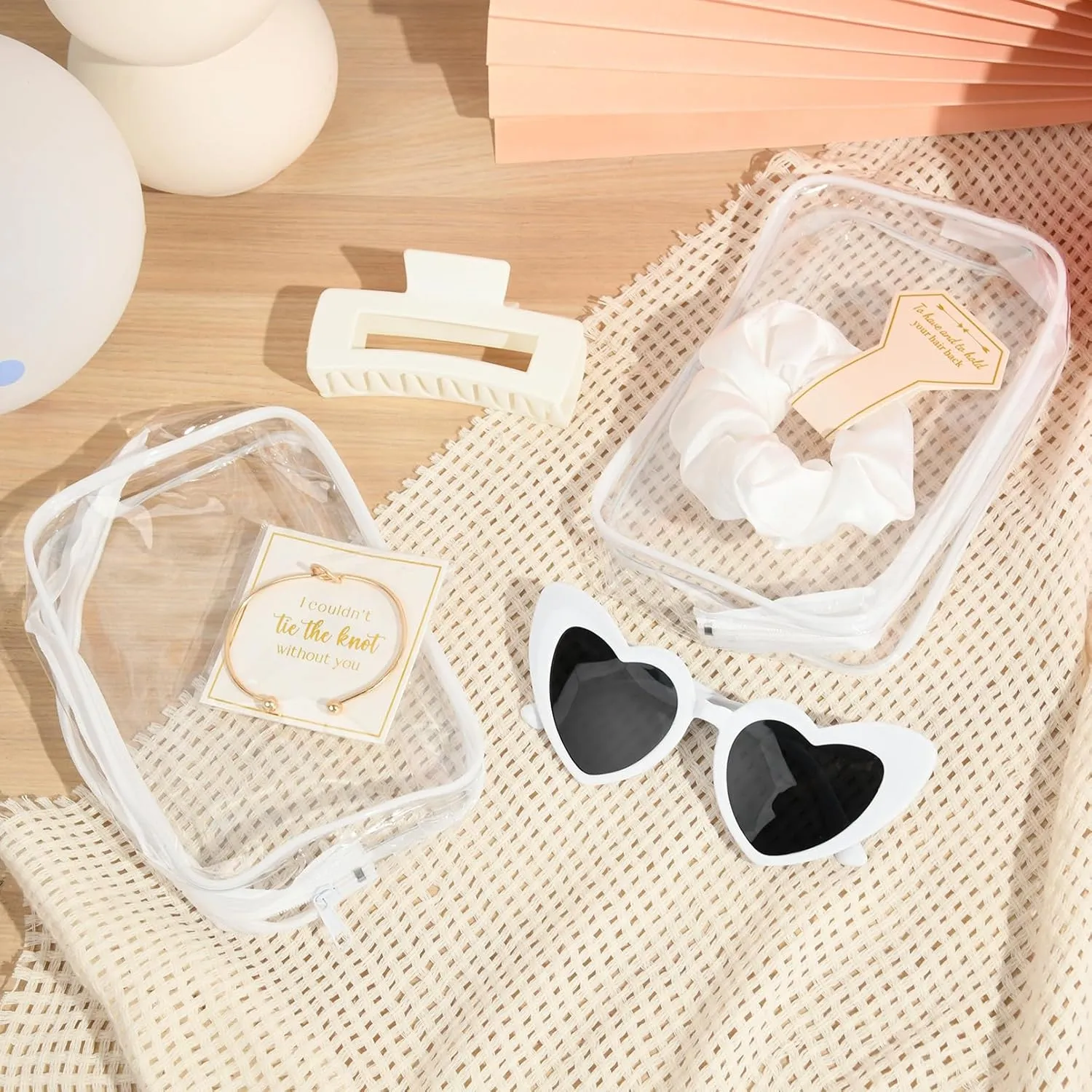 DEEKA 30 Pcs Bridesmaid Proposal Bag Set Gift Clear Makeup Toiletry Bag Bachelorette Party Favors Sunglasses Hair Claw Clips Scrunchies Knot Bracelets Bridal Wedding Party Gifts (White)