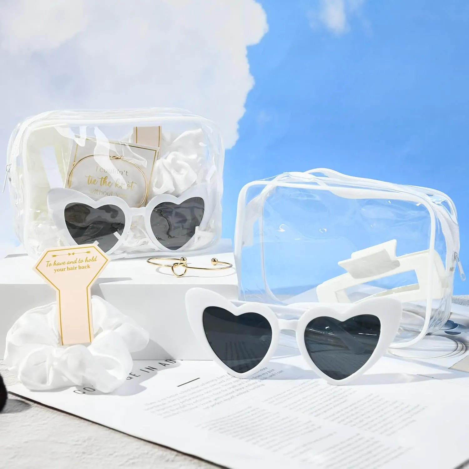 DEEKA 30 Pcs Bridesmaid Proposal Bag Set Gift Clear Makeup Toiletry Bag Bachelorette Party Favors Sunglasses Hair Claw Clips Scrunchies Knot Bracelets Bridal Wedding Party Gifts (White)