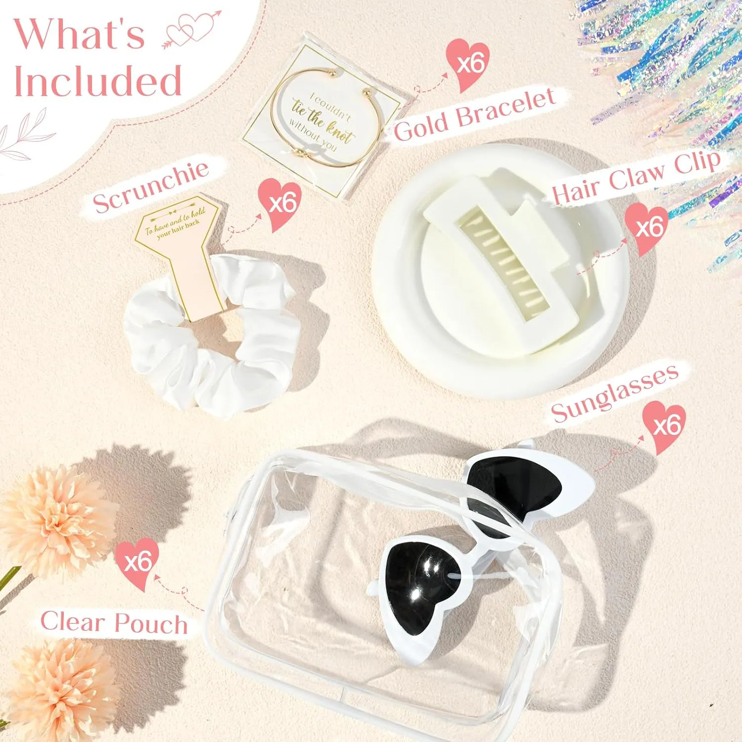 DEEKA 30 Pcs Bridesmaid Proposal Bag Set Gift Clear Makeup Toiletry Bag Bachelorette Party Favors Sunglasses Hair Claw Clips Scrunchies Knot Bracelets Bridal Wedding Party Gifts (White)