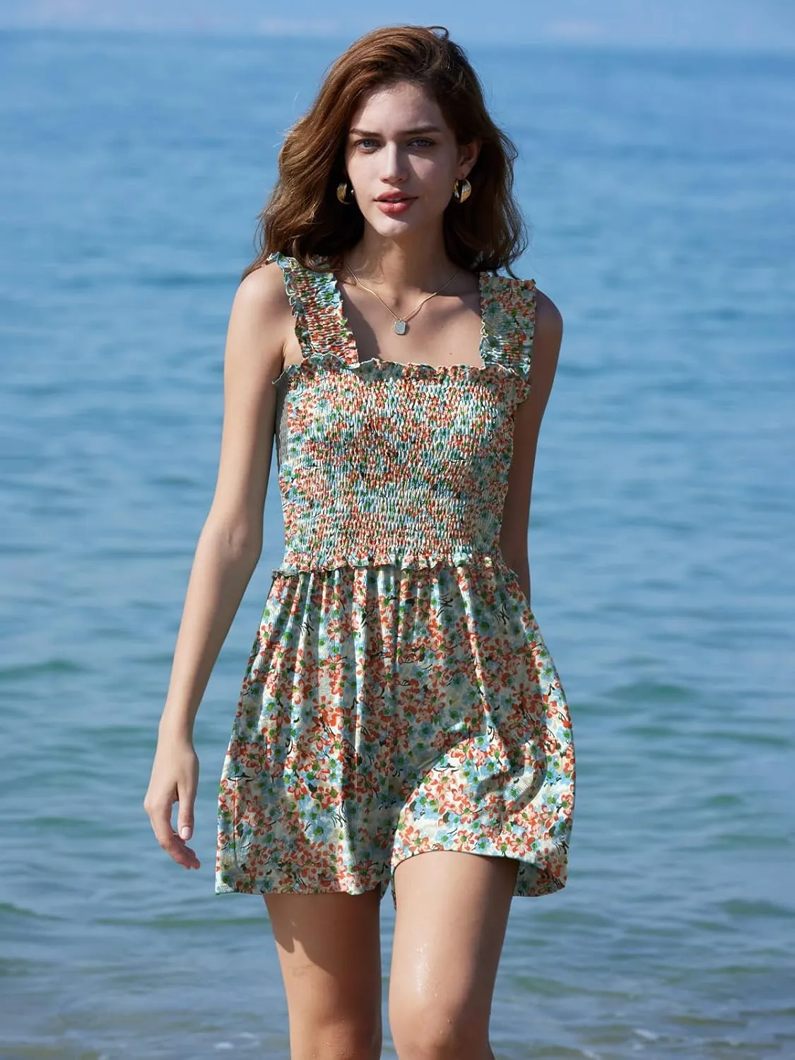 DEEP SELF Women Summer Sleeveless Romper Square Collar Ruffle Straps Flowy Short Jumpsuit with Pockets