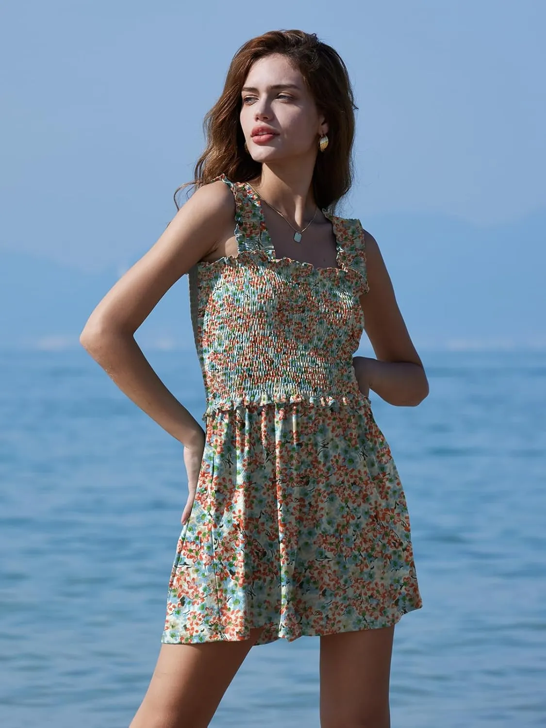 DEEP SELF Women Summer Sleeveless Romper Square Collar Ruffle Straps Flowy Short Jumpsuit with Pockets
