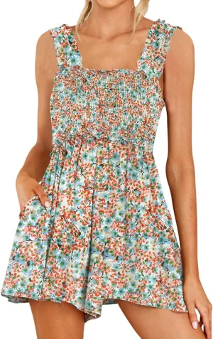 DEEP SELF Women Summer Sleeveless Romper Square Collar Ruffle Straps Flowy Short Jumpsuit with Pockets