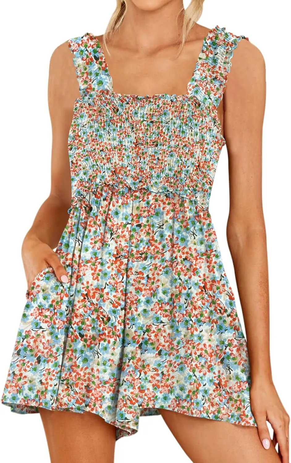 DEEP SELF Women Summer Sleeveless Romper Square Collar Ruffle Straps Flowy Short Jumpsuit with Pockets