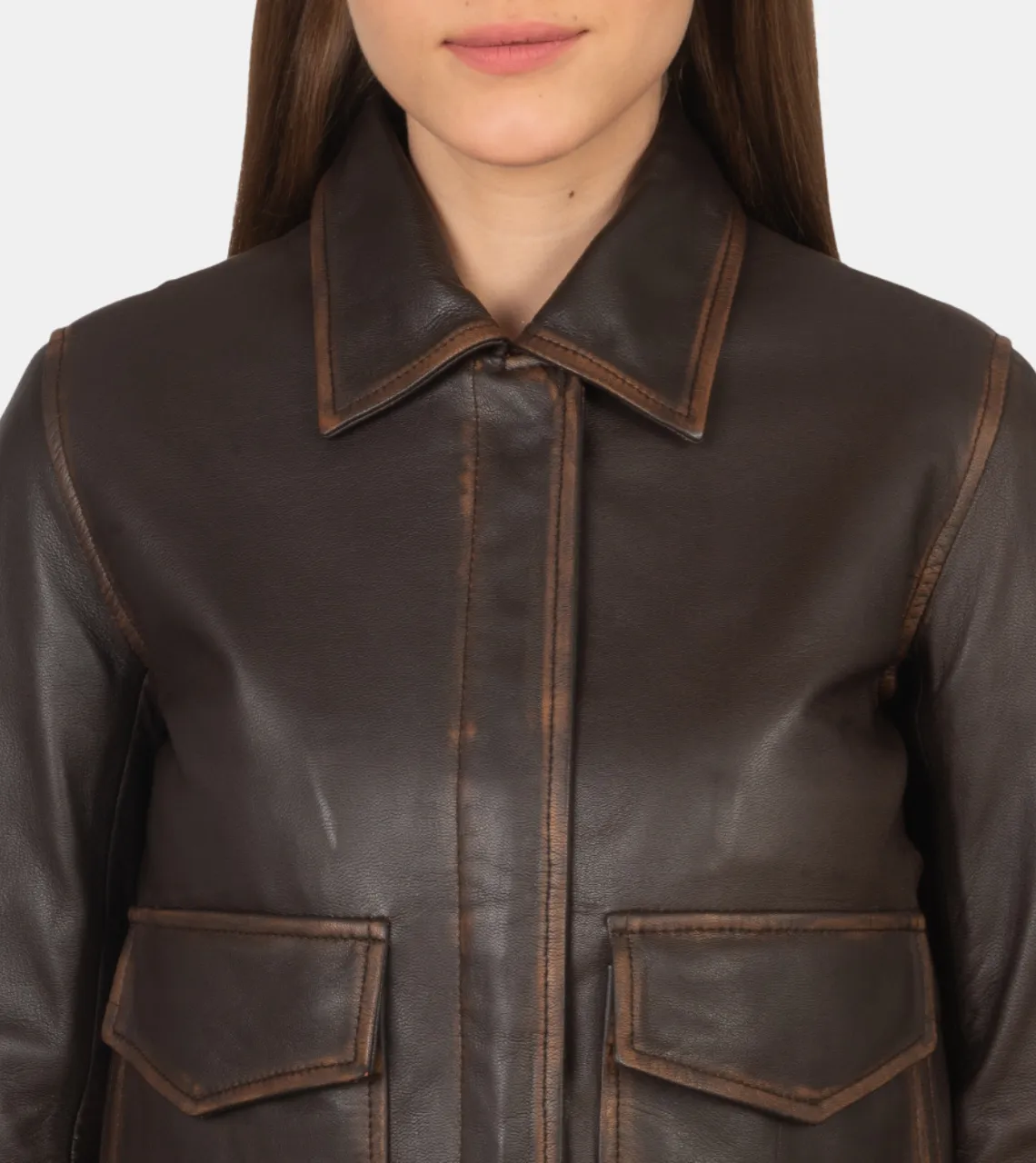 Denzel Women's Brown Distressed Bomber Leather Jacket