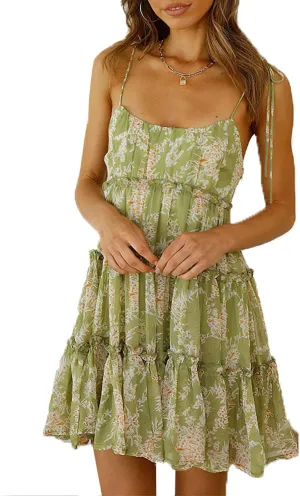 ebossy Women's Summer Floral Ruffle Swing Mini Dress Tied Spaghetti Strap Boho Cute Tiered Sundress