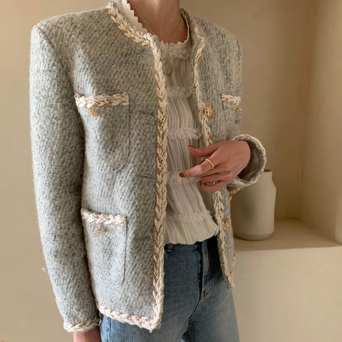 Elegant Tweed Woolen Single Breasted Streetwear Jacket