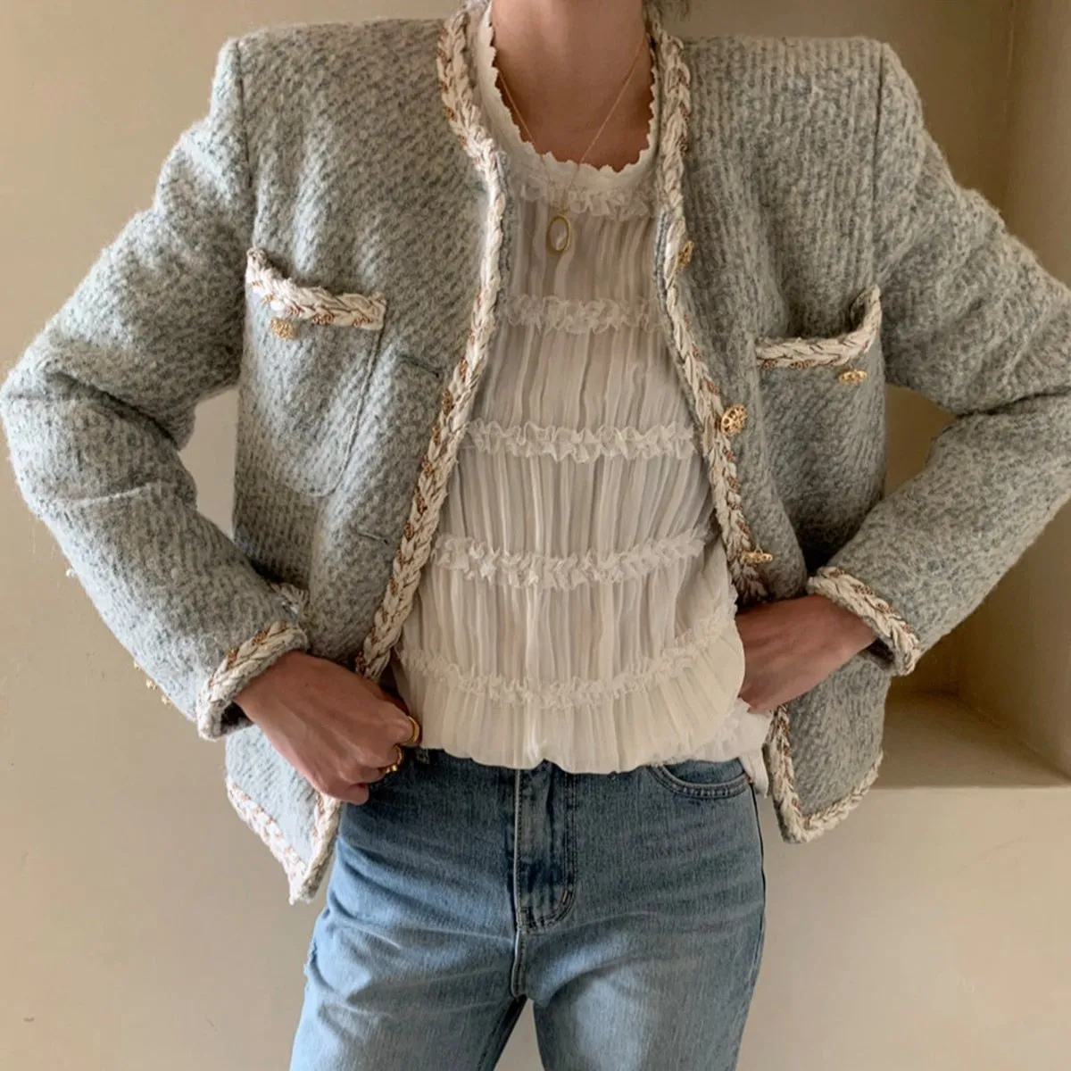 Elegant Tweed Woolen Single Breasted Streetwear Jacket