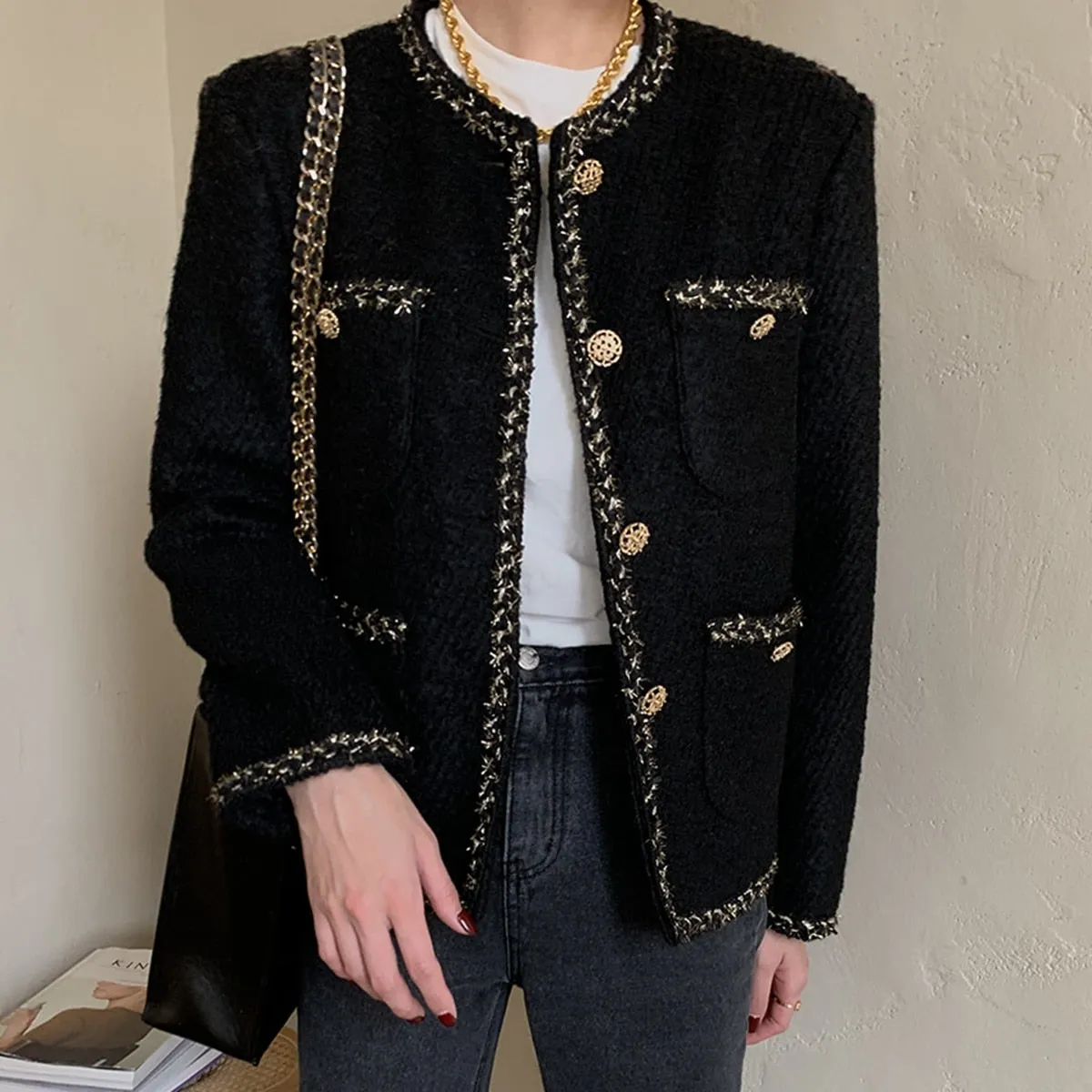 Elegant Tweed Woolen Single Breasted Streetwear Jacket