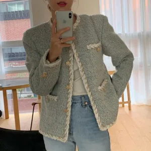 Elegant Tweed Woolen Single Breasted Streetwear Jacket
