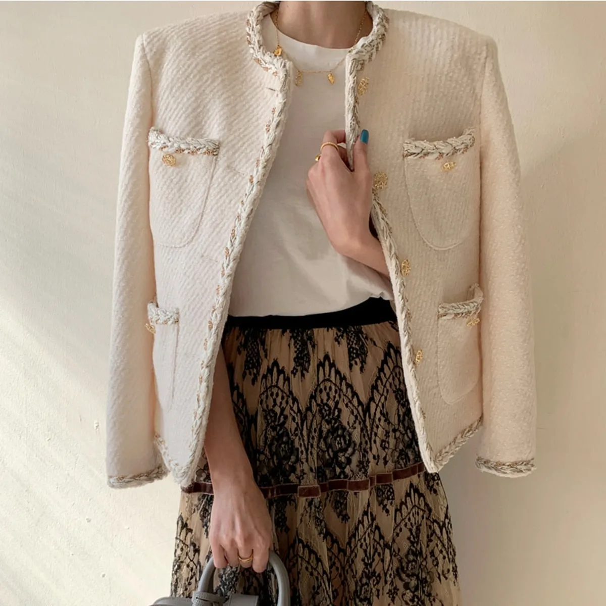 Elegant Tweed Woolen Single Breasted Streetwear Jacket