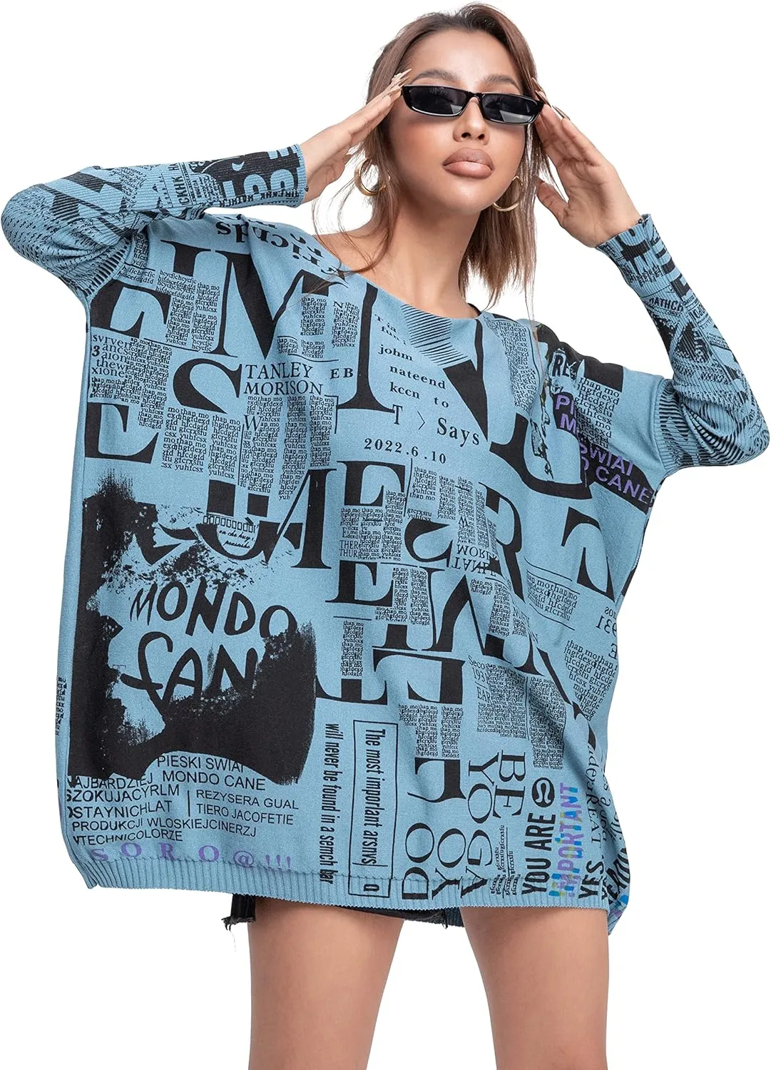 ellazhu Women's Off-Shoulder Long-Sleeved Cute Newspaper Printed Pullover Oversized Sweater Shirt GY2753