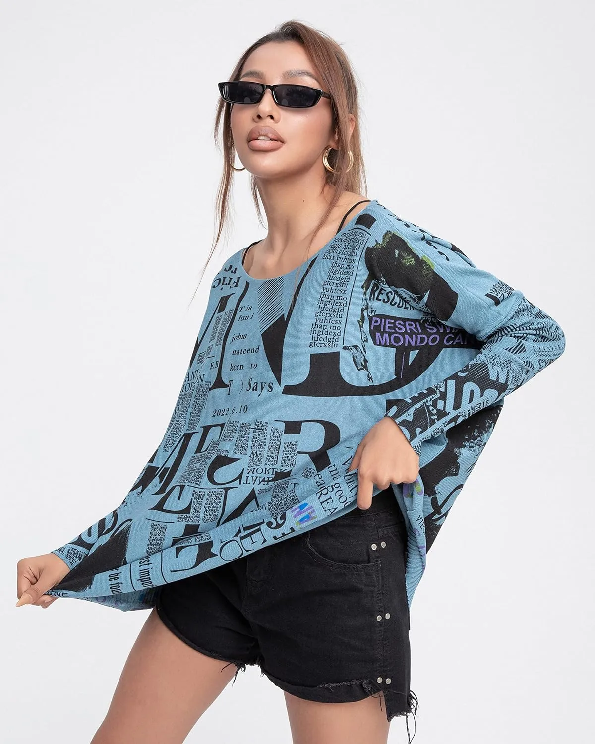 ellazhu Women's Off-Shoulder Long-Sleeved Cute Newspaper Printed Pullover Oversized Sweater Shirt GY2753