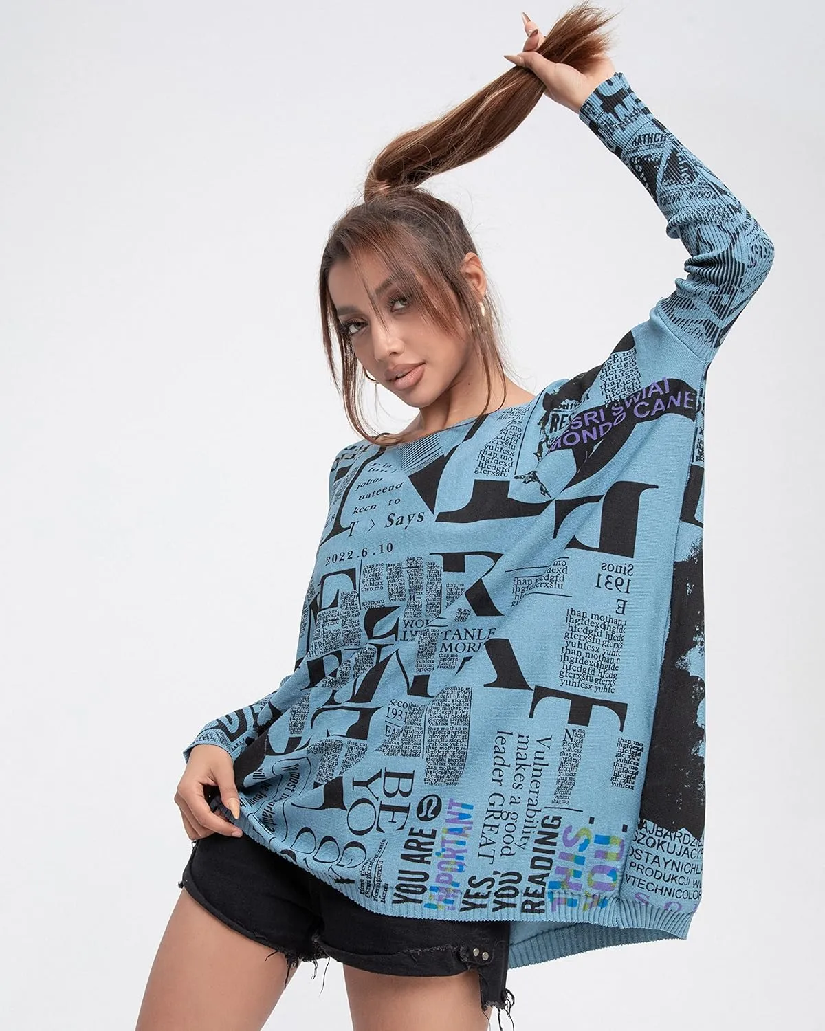 ellazhu Women's Off-Shoulder Long-Sleeved Cute Newspaper Printed Pullover Oversized Sweater Shirt GY2753