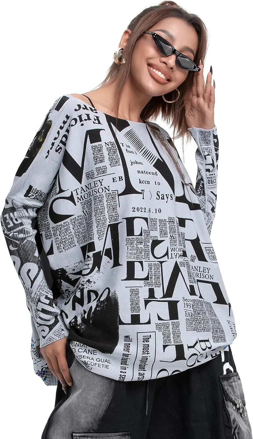 ellazhu Women's Off-Shoulder Long-Sleeved Cute Newspaper Printed Pullover Oversized Sweater Shirt GY2753
