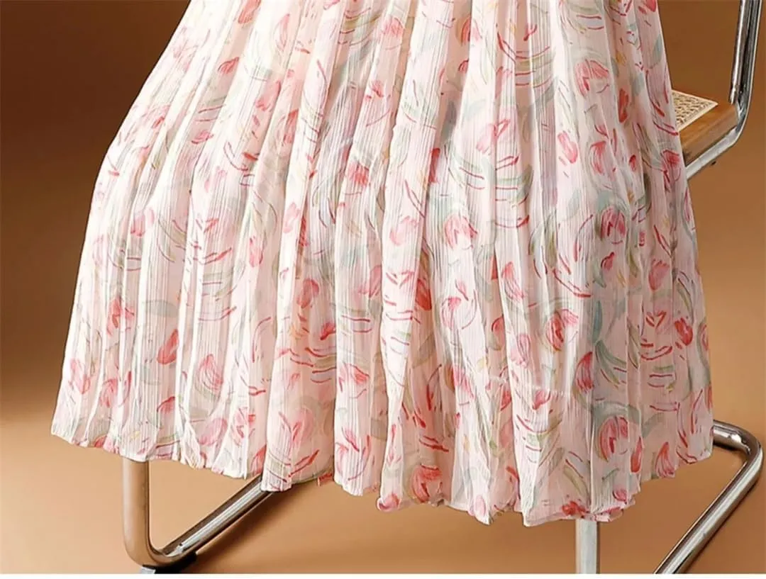 ERFMFKL Women's Printing Chiffon Half Skirt Casual Loose High Waist Pleated A-Line Midi Skirt