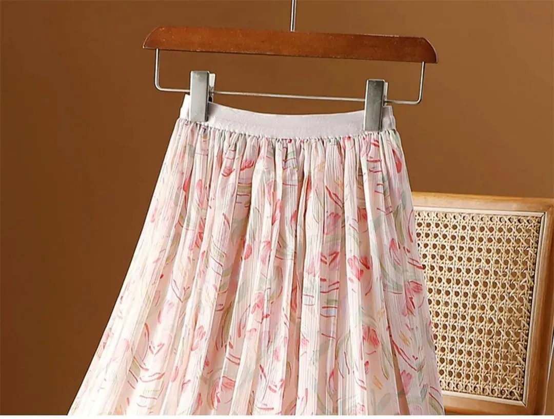 ERFMFKL Women's Printing Chiffon Half Skirt Casual Loose High Waist Pleated A-Line Midi Skirt