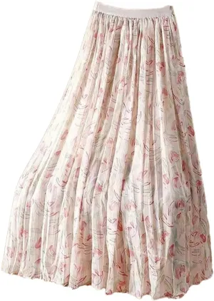 ERFMFKL Women's Printing Chiffon Half Skirt Casual Loose High Waist Pleated A-Line Midi Skirt
