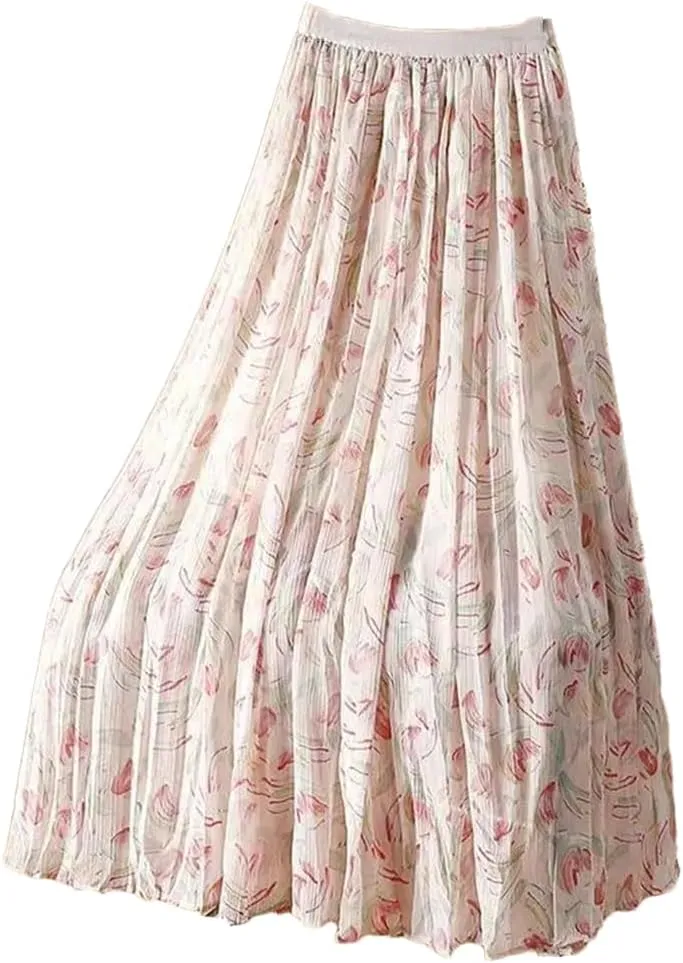 ERFMFKL Women's Printing Chiffon Half Skirt Casual Loose High Waist Pleated A-Line Midi Skirt