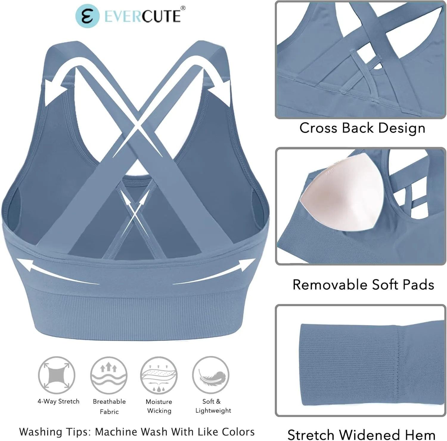 Evercute Sports Bra for Women Padded Medium Support Criss Cross Strappy Bras Seamless High Impact Yoga Exercise Athletic Bras