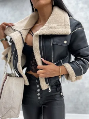 Faux Leather Jacket Long Sleeve Lapel Fleece Linen Coat Zip Up Warm Sherpa Coat