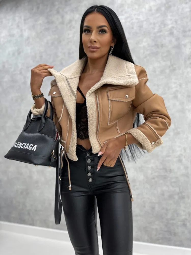 Faux Leather Jacket Long Sleeve Lapel Fleece Linen Coat Zip Up Warm Sherpa Coat