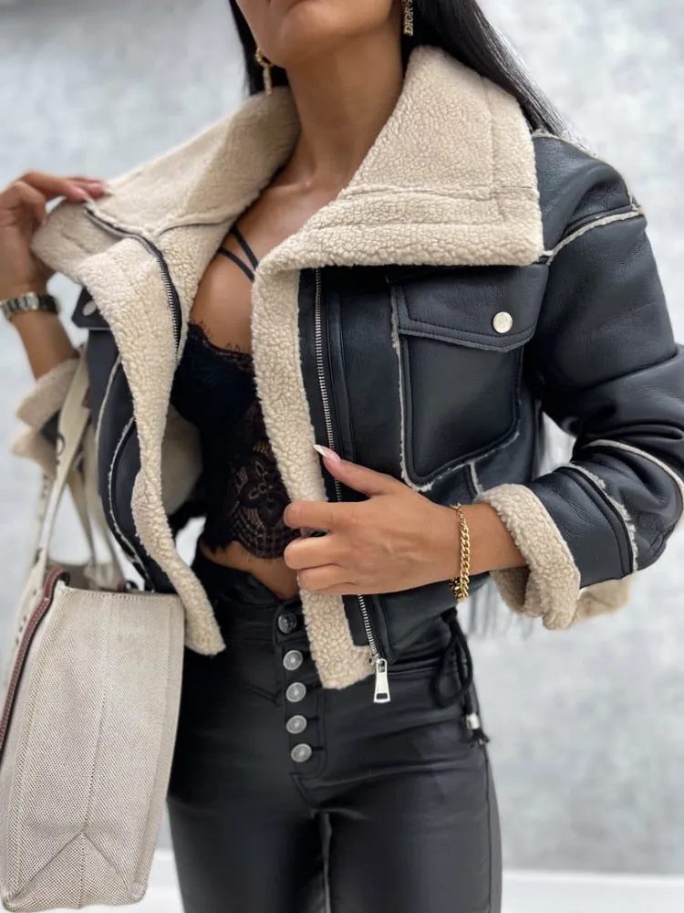 Faux Leather Jacket Long Sleeve Lapel Fleece Linen Coat Zip Up Warm Sherpa Coat