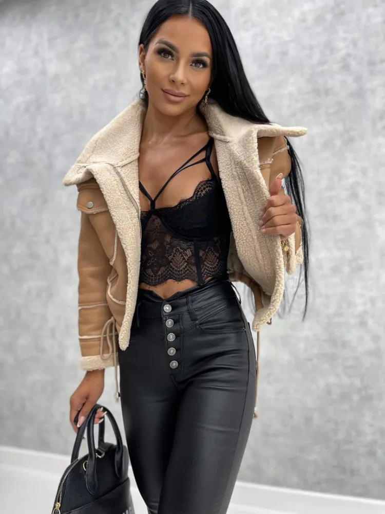 Faux Leather Jacket Long Sleeve Lapel Fleece Linen Coat Zip Up Warm Sherpa Coat