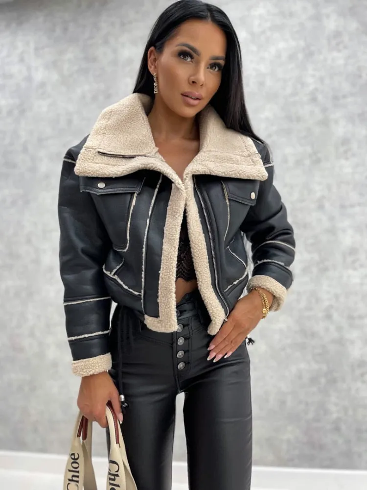 Faux Leather Jacket Long Sleeve Lapel Fleece Linen Coat Zip Up Warm Sherpa Coat