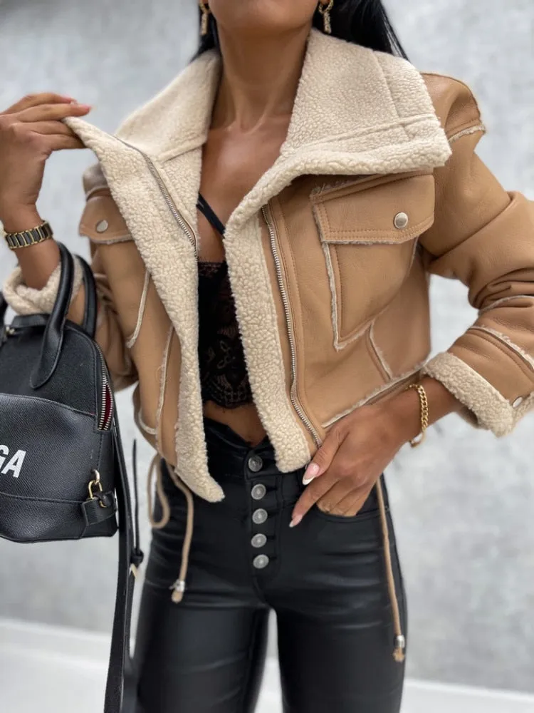 Faux Leather Jacket Long Sleeve Lapel Fleece Linen Coat Zip Up Warm Sherpa Coat