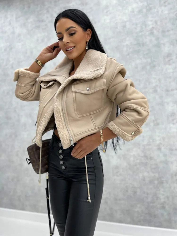 Faux Leather Jacket Long Sleeve Lapel Fleece Linen Coat Zip Up Warm Sherpa Coat