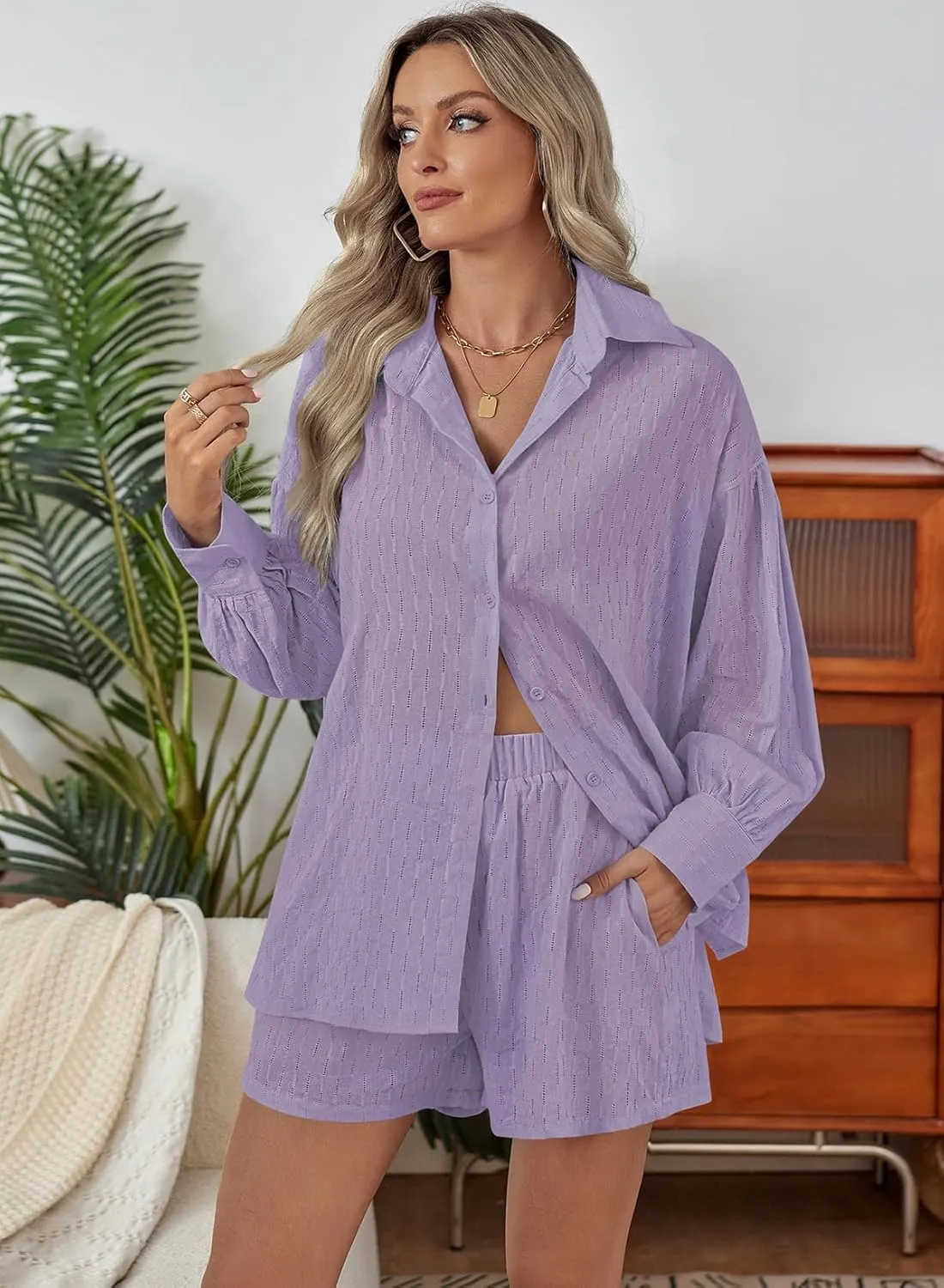 Fixmatti 2 Piece Outfits Long Sleeve Button Down Shirt and Shorts Sweatsuit Lounge Sets